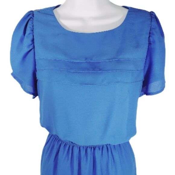 Periwinkle Blue Ruffle Dress Sz L Romantic Modest Midi Length Cap Sleeve - Picture 2 of 5